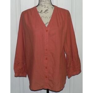 Wishlist Apparel Womens V-Neck Button Front Cotton Eyelet Top Burnt Orange Small